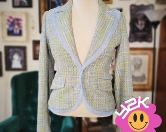 Sans Souci Tweed Blazer Blue Yellow Wool Blend Jacket Vintage Y2K Style Medium