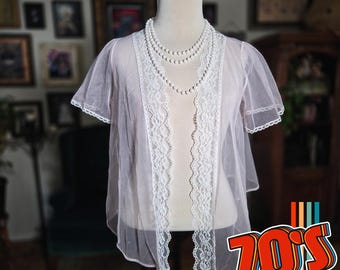 Vintage 70s Sedu Sheer Pink Lace Trim Short Sleeve Kimono Robe One Size