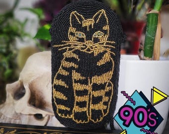 Vintage 90s TST Arts Beaded Cat Purse Black Gold Beadwork Evening Bag 7.5"x4"