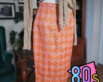 Anne Klein II Pencil Skirt Vintage 80s Orange Pink Tweed Knit Made in USA Size 8
