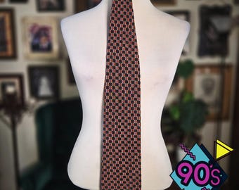 Structure Silk Necktie Vintage 90s Geometric Abstract Black Red Yellow USA Made