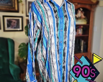 Donelli Striped Shirt Abstract Vintage 90s Button Up Blue Black White Size M