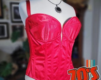 Red Trashy Lingerie Corset Bustier Vintage 70s Womens Boned Sweetheart Strap XS