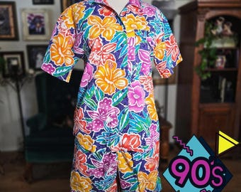 Vintage 90s Lizsport Vintage Hawaiian Floral Aloha Shirt & Shorts Set M Tropical