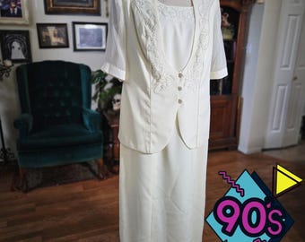 Vintage 90s Aviance Ivory Beaded Neckline Sheath Dress Suit Skirt Set Women