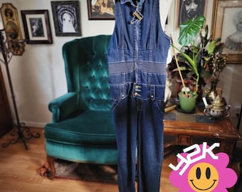 M. Michel Denim Jumpsuit Vintage Y2K Dark Wash Halter Neck Flare Leg Blue Size 3