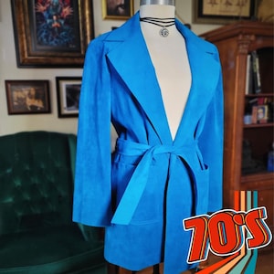 Vintage 1970s ROTH-LE COVER Womens Blue Longline Faux Suede Belted Coat - Size 10