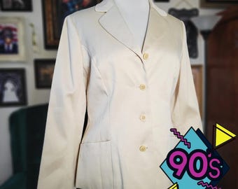 BCBG Max Azria Blazer Jacket Vintage 90s Cream Tan Microfiber Sample Womens 10