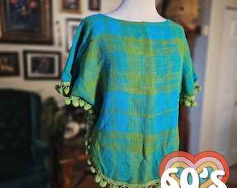 Aladdin Plaid Poncho Vintage 60s Top Blue Green Pom Pom Trim Boho Woven Blouse