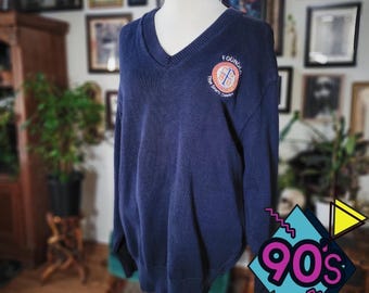 Vantage Custom Classics Sweater Vintage 90s Navy V-Neck Embroidered CSUF