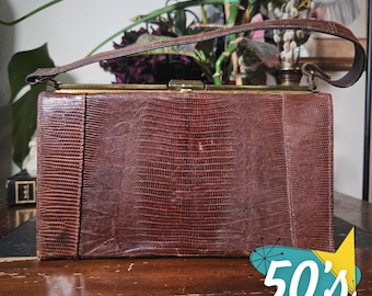 Handbag Brown Snakeskin Lizard Skin Vintage 1950s Frame Purse Top Handle Bag DIY