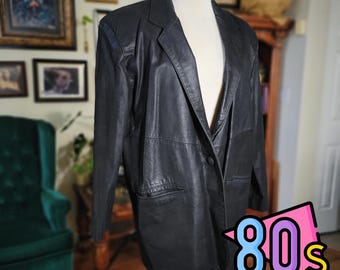Vintage 80s Gino di Giorgio by Comint Black Leather Blazer Jacket for Men's