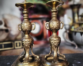 Vintage Brass Candle Holders Pair Chinese Foo Dog Character Asian Decor 8" Set