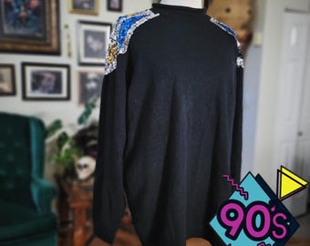 Outlander Sequin Sweater Vintage 90s Black Shoulder Embellished Wool Blend Knit