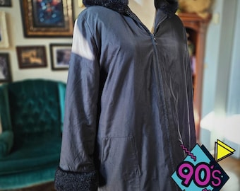 Geoffrey Beene Coat Jacket Vintage 90s Sport Black Hooded Faux Fur Women Large