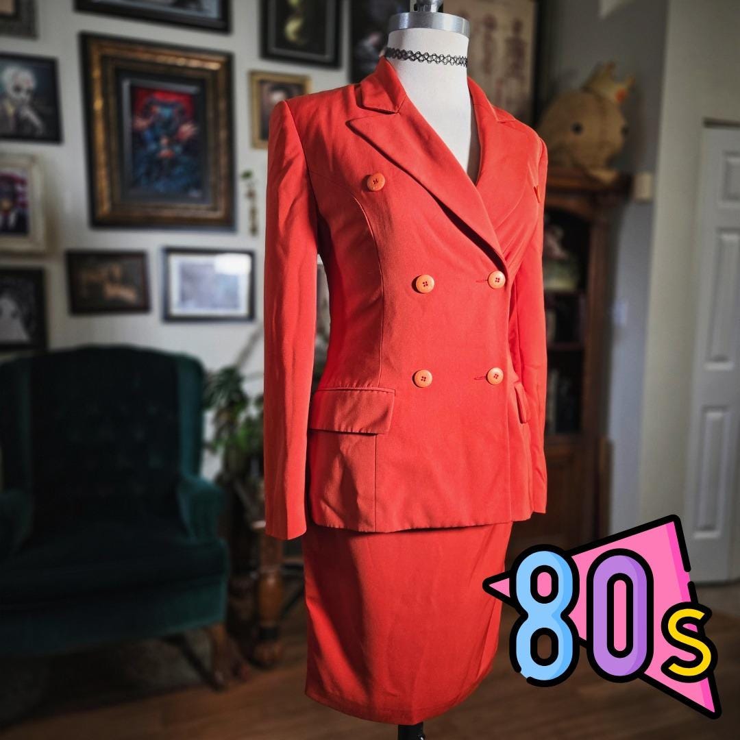 80s Outfit Ideas for a Retro Vibe 10 Vintage 80s Votre Nom Paris Red Double Breasted Skirt Suit Set