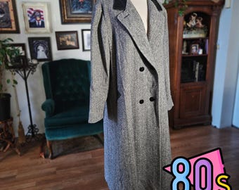 Miss Abbmoor Herringbone Wool Coat Vintage 80s Grey Leather Collar Long USA L