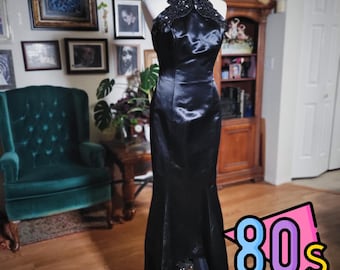 Vintage 1980s Climax by Karen Okada For David Howard Black Satin Evening Gown