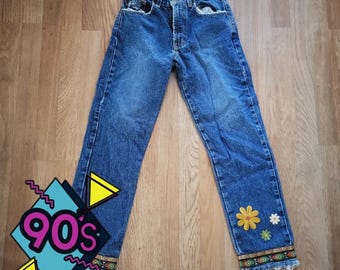 Bongo Flower Hippie Jeans Vintage 90s Appliqué Distressed Hem Boho Festival Y2K