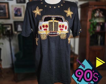 Vintage 90s Black Single Stitch Rolls Royce Car Graphic T Shirt Women Studded