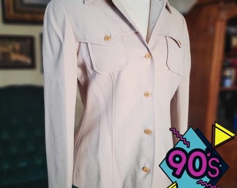 BCBG Max Azria Blazer Vintage 90s Tan Safari Jacket Button Up Small Made in USA