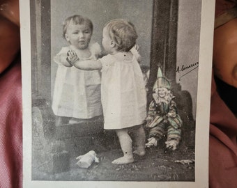 Send In The Clowns - Antique French Real Photo Postcard of a Baby and Her Creepy Harlequin Doll, dated 1913 - Vintage Photography RPPC