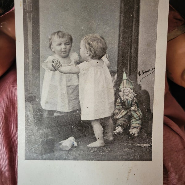 Send In The Clowns - Antique French Real Photo Postcard of a Baby and Her Creepy Harlequin Doll, dated 1913 - Vintage Photography RPPC