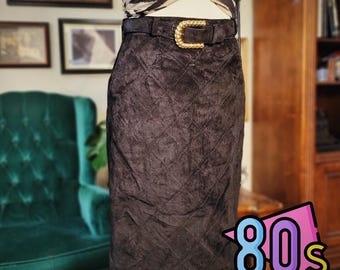 Vintage 80s MARGARET GODFREY Womens Black Suede Pencil Skirt Quilted - Size 10