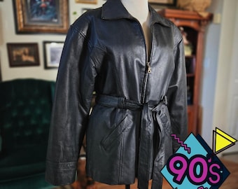Vintage 90s Lucky Leather Co Womens Black Leather Belted Moto Jacket Size L