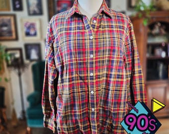 Jones New York Plaid Shirt Vintage 90s XL Cotton Button Down Red Yellow Blue Top