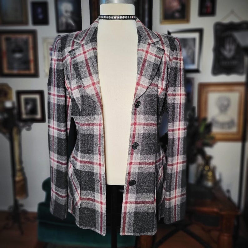 BCBG Max Azria Blazer Plaid Wool Mohair Vintage 90s Grey Red Jacket Sample Small image 3