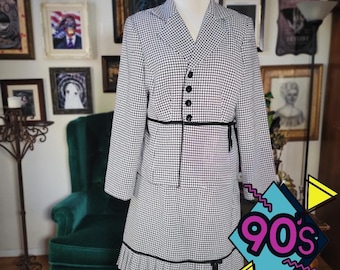 Danielle B Houndstooth Skirt Set Vintage 90s Black White Suit Petite 16P Blazer