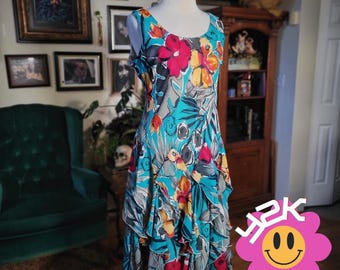 Vintage Y2K SIGNATURE By Robbie Bee Floral Ruffle Teal Pink Yellow Women's Dress