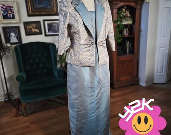 Vintage Y2K Alex Evenings Brocade Dress Suit Set Blue Formal Mother Wedding