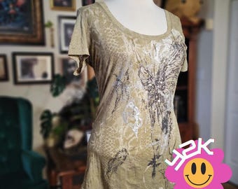 Miss Me Shirt Top Vintage Y2K Snakeskin Fairy Graphic 2000s Tee Olive Green L