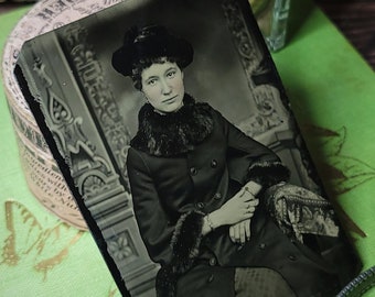 Sunday Morning Best - Antique Victorian Tintype of Fashionable Woman, circa 1890s. Black & White Vintage 1800s Beautiful Stunning Fashion