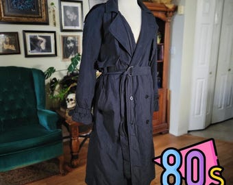 Paul Rodon Trench Coat Vintage 80s Black Double Breasted Belted Overcoat Mens 40