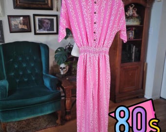 Loretta's Rose Bud Jumpsuit Vintage 80s Pink Abstract Button Up Wide Leg Size 4