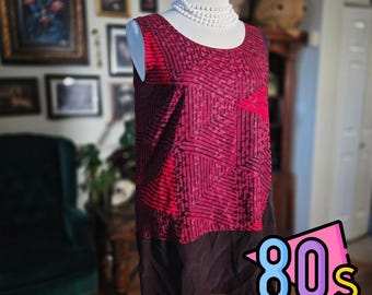 Carol Katt Silk Blouse Vintage 80s Geometric Red Black Sleeveless Top Side Tie S