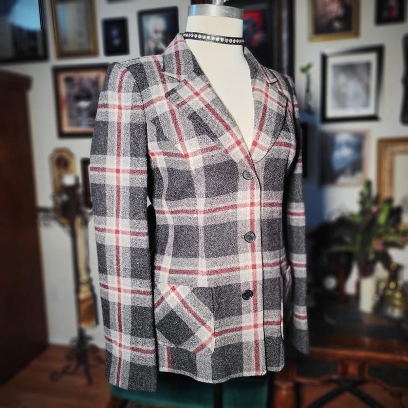 BCBG Max Azria Blazer Plaid Wool Mohair Vintage 90s Grey Red Jacket Sample Small image 5