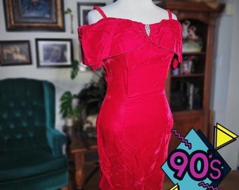 Vintage 90s Rampage Red Off Shoulder Velvet Party Dress Size 5