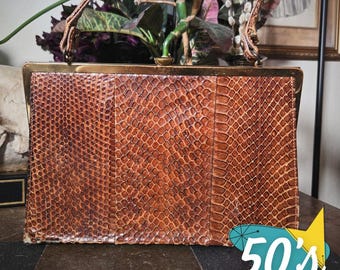 Snakeskin Handbag Brown Exotic Leather Vintage 1950s Frame Purse Restoration DIY