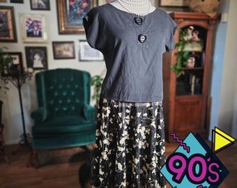 Suzy Phillips Skirt Set Vintage 90s Two Piece Black Floral Midi Medium Grunge