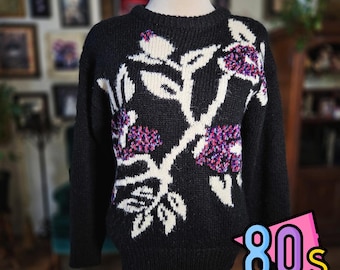 Western Connection Floral Sweater Vintage 80s Black Knit Purple Flowers Womens M
