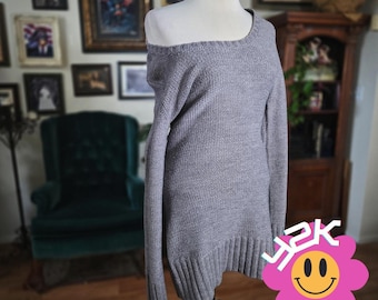 Vintage Y2K Wet Seal Gray Knit Boat Neck Long Sleeve Cozy Pullover Sweater