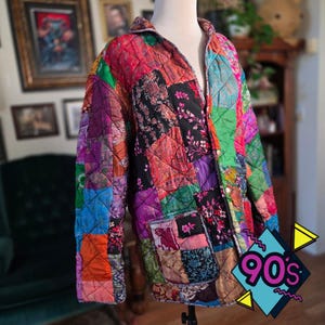 Art-E-Zen Silk Patchwork Jacket Reversible Vintage 90s Quilted Paisley Coat L