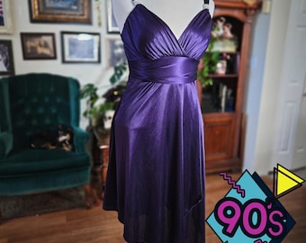 Vintage 90s La Belle Purple Satin V Neck Rhinestone Strap Cocktail Midi Dress