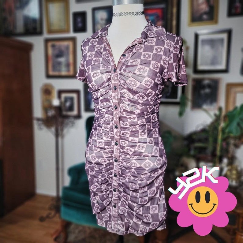 Urban Outfitters Mini Dress Vintage Y2K Checkerboard Ruched Mallgoth Medium immagine 1