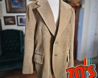 Vintage 70s Mens Tan Corduroy Blazer Jacket Made in Yugoslavia 2 Button Classic