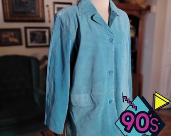 Jessica Holbrook Leather Jacket Vintage 90s Blue Turquoise Blazer Women's L